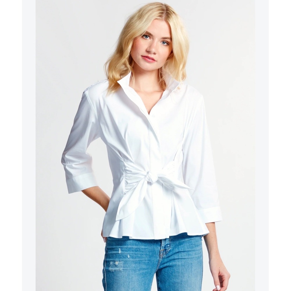 Finley Amy Tie Front White Button Down Shirt Top Size M Made in USA